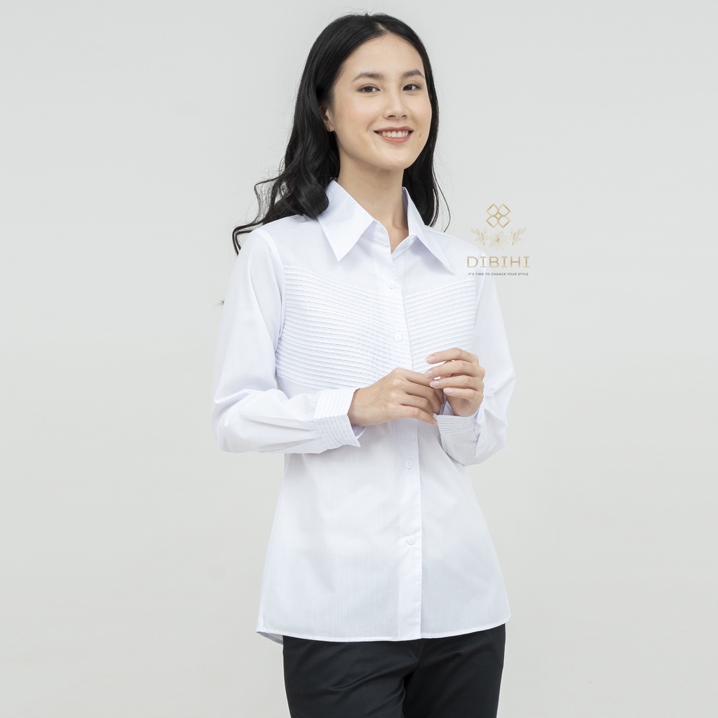 Dibihi Kemeja Putih Wanita Formal Bahan Katun Streth Motif Rempel Panjang