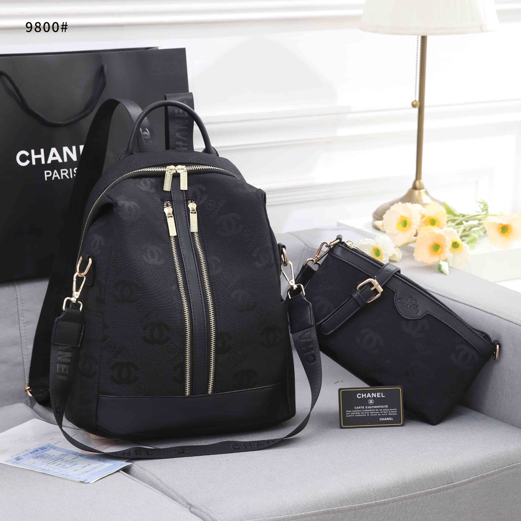 Ch Canvas &amp; Leather Logo CC Backpack Shoulder Bag 9800