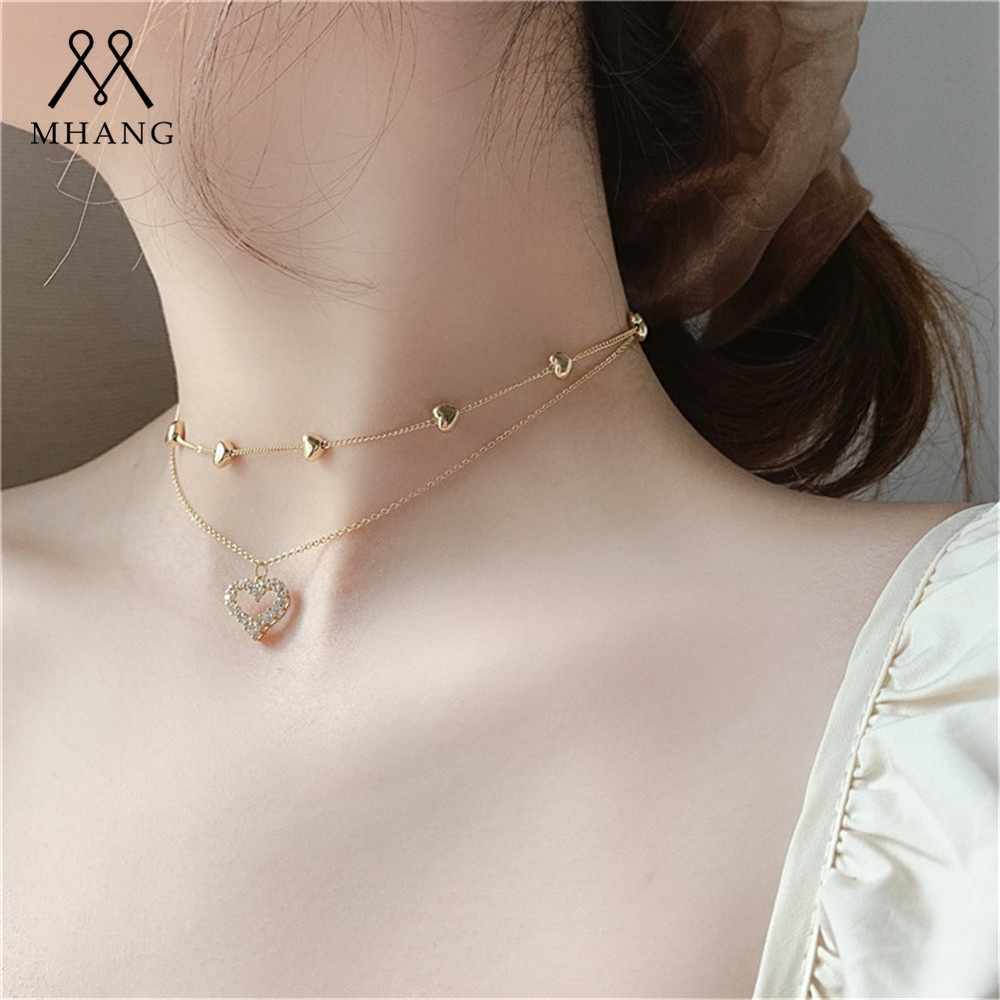 【MHANG】Fashion Korea Penuh Berlian Cinta Kalung Wanita Rantai Klavikula Logam Multi-lapis Sederhana Ceruk
