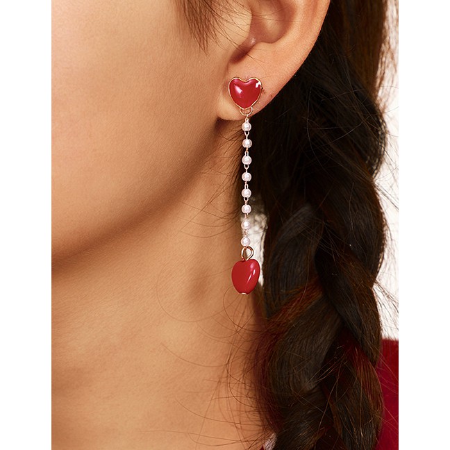 LRC Anting Tusuk Fashion Red Love Asymmetric Earrings D50745