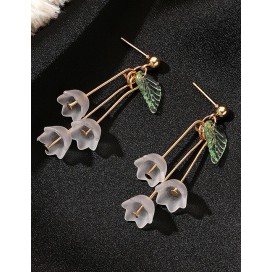 LRC Anting Tusuk Fashion Green Leaf Flower Ice Flower Tassel Long Multilayer V11094