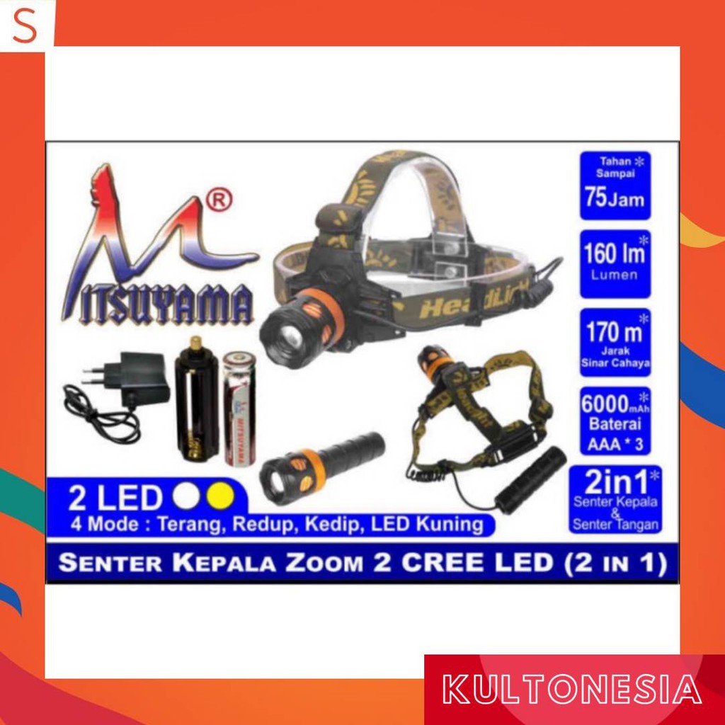 Senter Kepala / Headlamp | Cahaya Putih dan Kuning LED 2 CREE Mitsuyama MS-2811SC