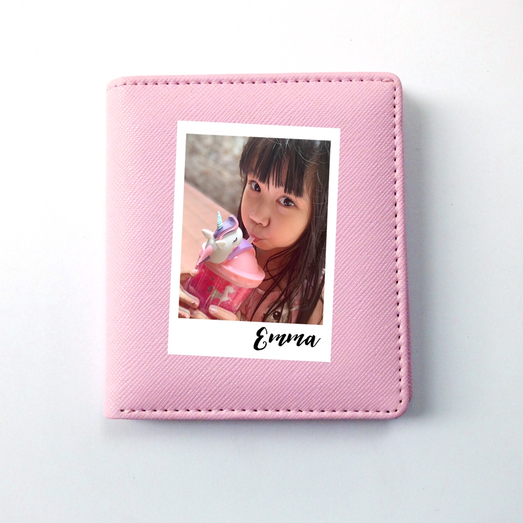 dompet bi fold 6 kartu custom gambar bahan saffiano leather pink hitam navy