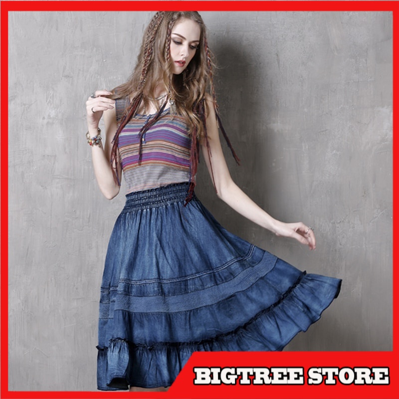 Rok Panjang Korea Import Summer Denim Vintage Jeans Elastic Waist Short Knee Length Skirt For  S-L B