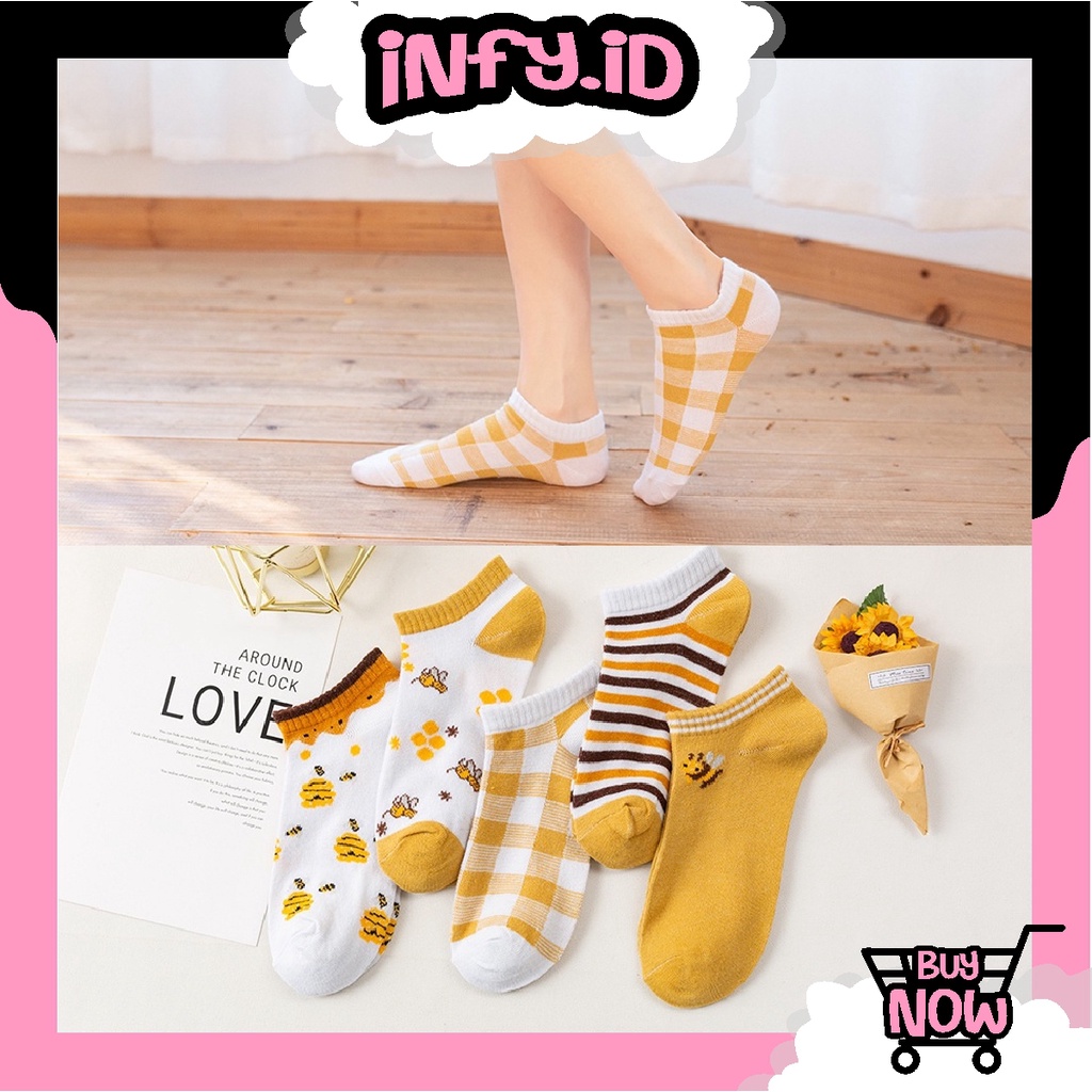 INFY - Kaos Kaki Wanita Motif Bunga Lebah Bee Kuning Fashion Korea Women Sock Import KK002