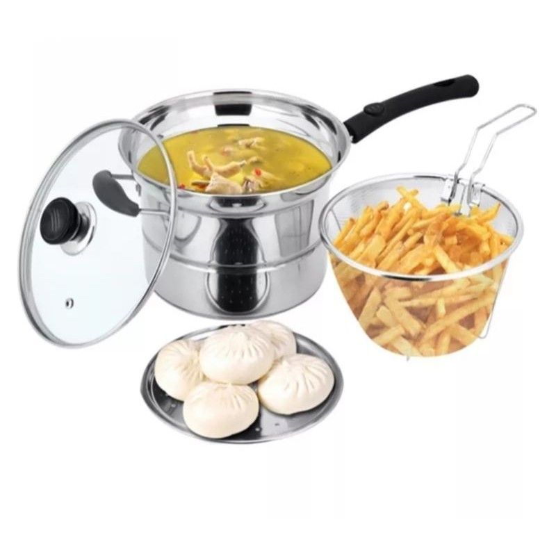 Medan Termurah (Panci tutup kaca + Tempat kukus &amp; goreng) Multifungsi Deep Fryer 22cm Panci serbaguna 3in1