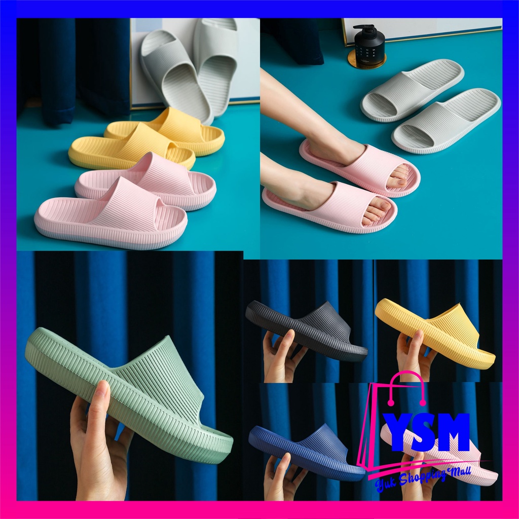 YSM Sandal Slop Karet Tebal Polos Garis Rumah Berkualitas 6493 Sendal Kamar Mandi EVA Empuk Sendal Karet Couple Garis Home Slipper Anti Slip Wanita Pria Gaya Korea Murah Import