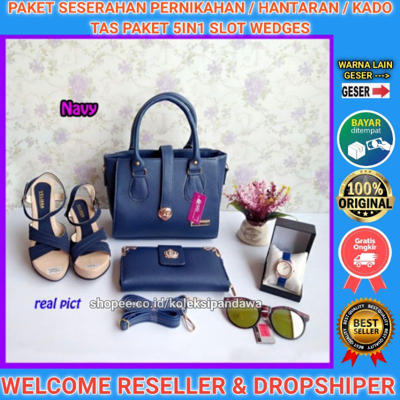 TAS PAKET 5IN1 SESERAHAN PERNIKAHAN JAM TANGAN DOMPET KACAMATA SENDAL WEDGES SANDAL WEDGES WANITA