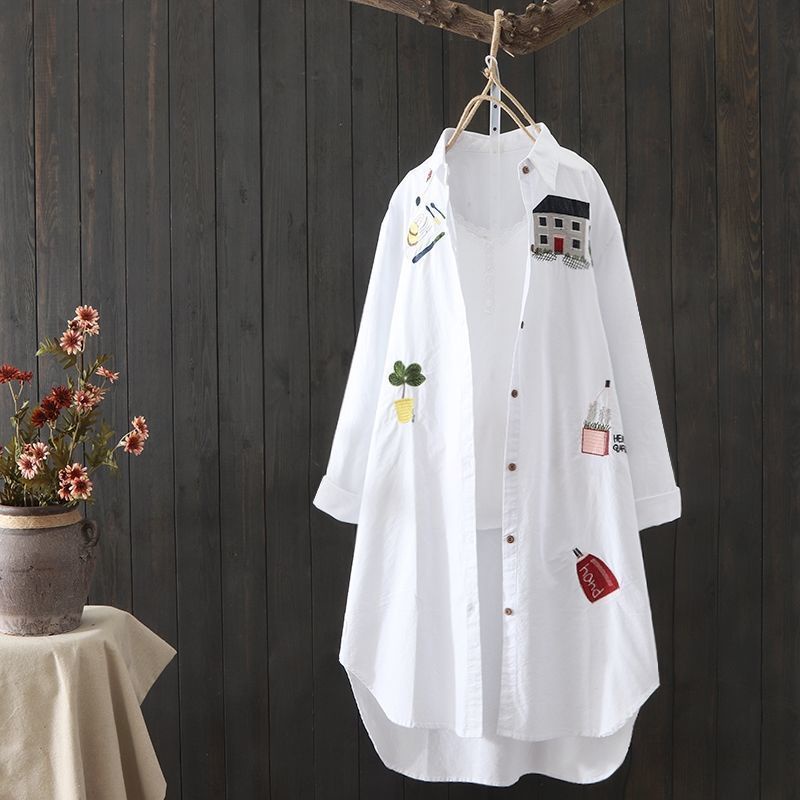 2021 summer cotton shirt Women's New loose mid-length top artistic women's embroidery shirt and sun-