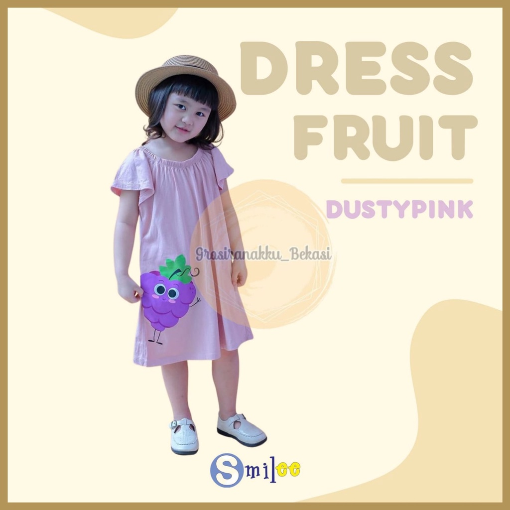 Dress Anak Smilee Fruit Warna Dusty Pink Size 1-5Tahun