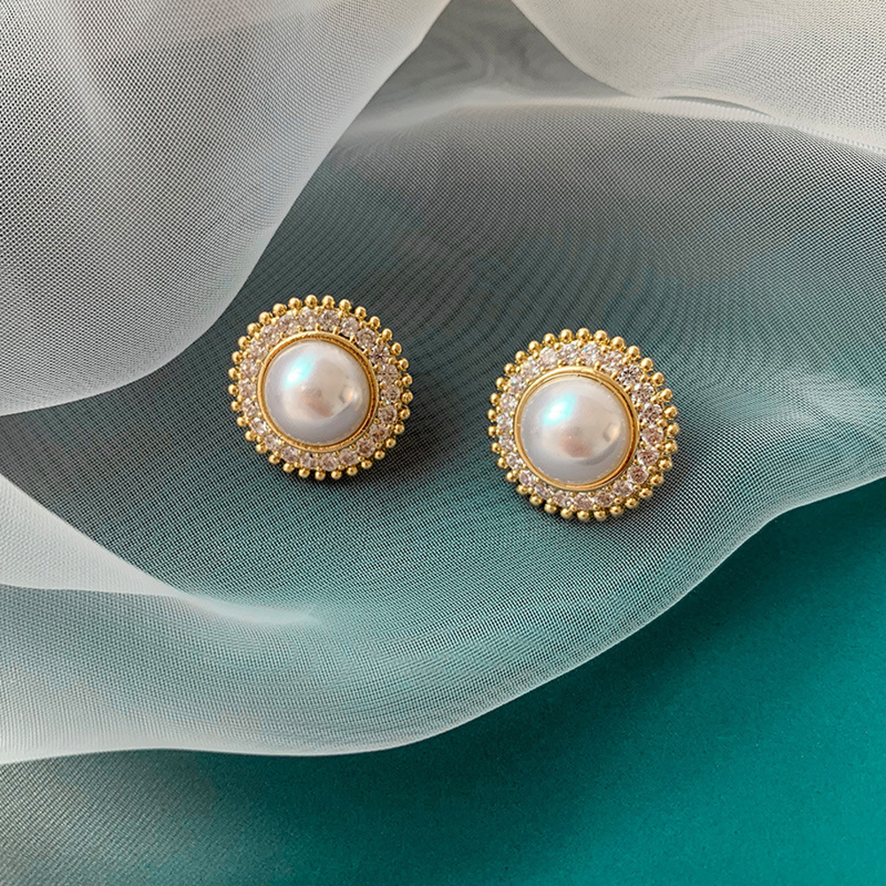 Anting Stud Kristal Mutiara Imitasi Bentuk Bulat Geometris Warna-Warni Gaya Retro