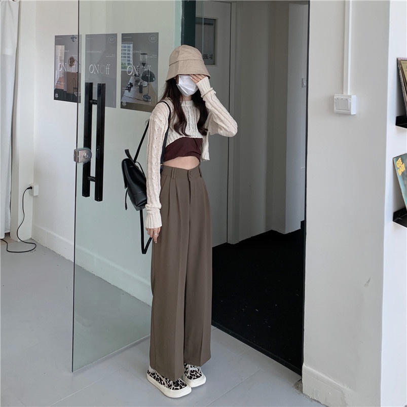 Celana Panjang Khaki Wanita Loose Korean Style High Waist Straight Pants