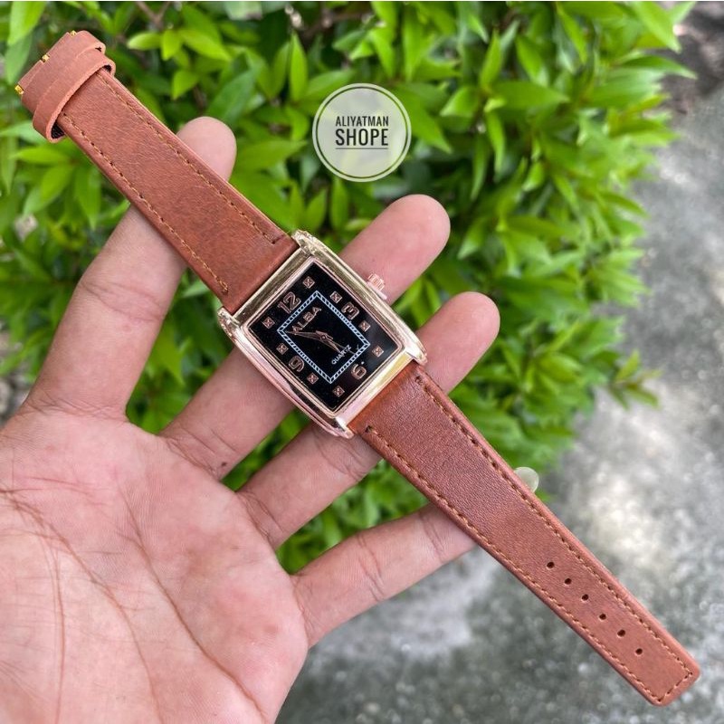 Jam Tangan Wanita Alba Persegi Strap Kulit Baru Analog Simple Mewah Elegan Free Batrai Cadangan