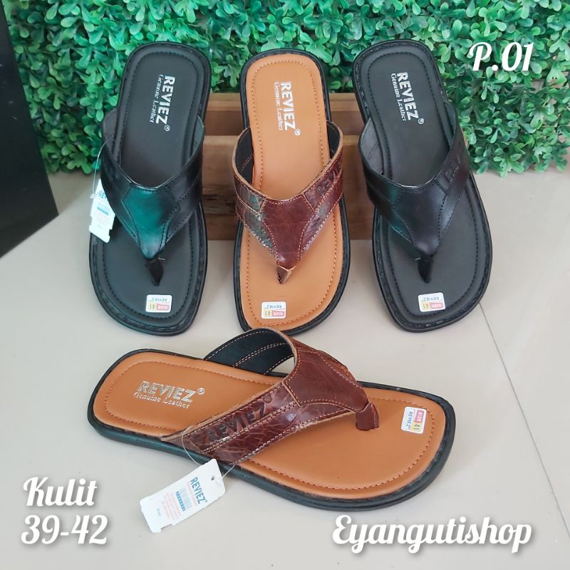 Original Sandal kulit pria bahan kulit sapi asli 100% / REVIEZ sandal jepit pria dewasa / Sandal pri