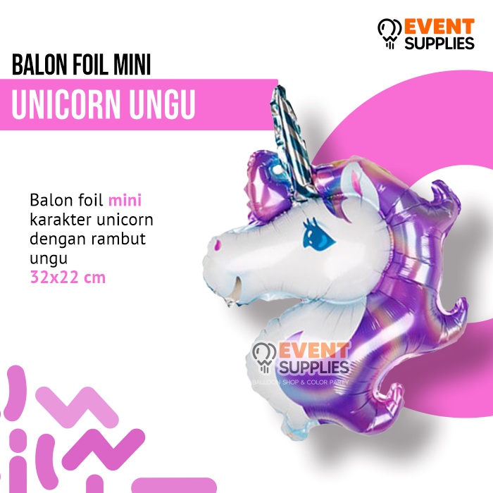 Balon Foil Kepala Unicorn Mini Rainbow/Pink/Ungu Ulang Tahun