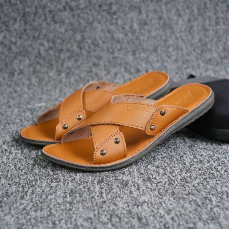 BRLN 003 Tan Sandal Casual Pria Full Kulit Asli Sendal Selop Santai Murah