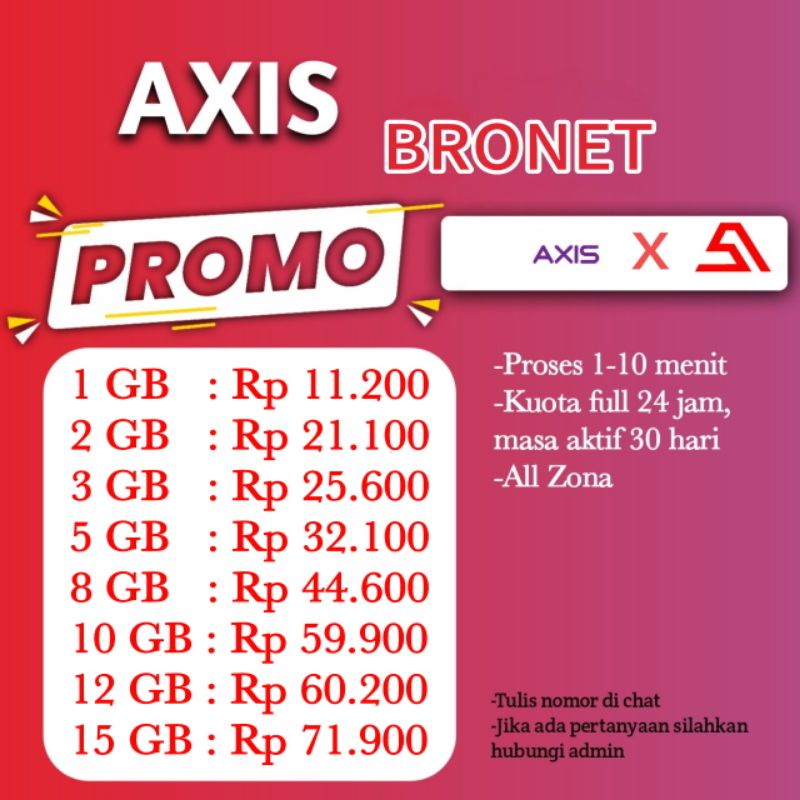 PRODUK TERBARU  PAKET DATA BRONET / DATA PURE AXIS PROMO | FULL 24 JAM | 30 HARI & 60 HARI | ALL ZON