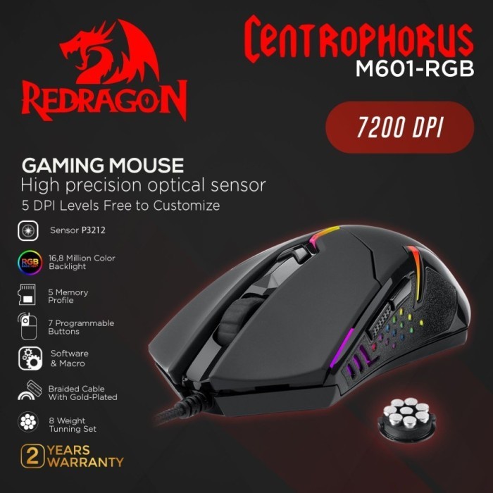 Redragon Centrophorus M601 RGB - FPS 7200 DPI Gaming Mouse