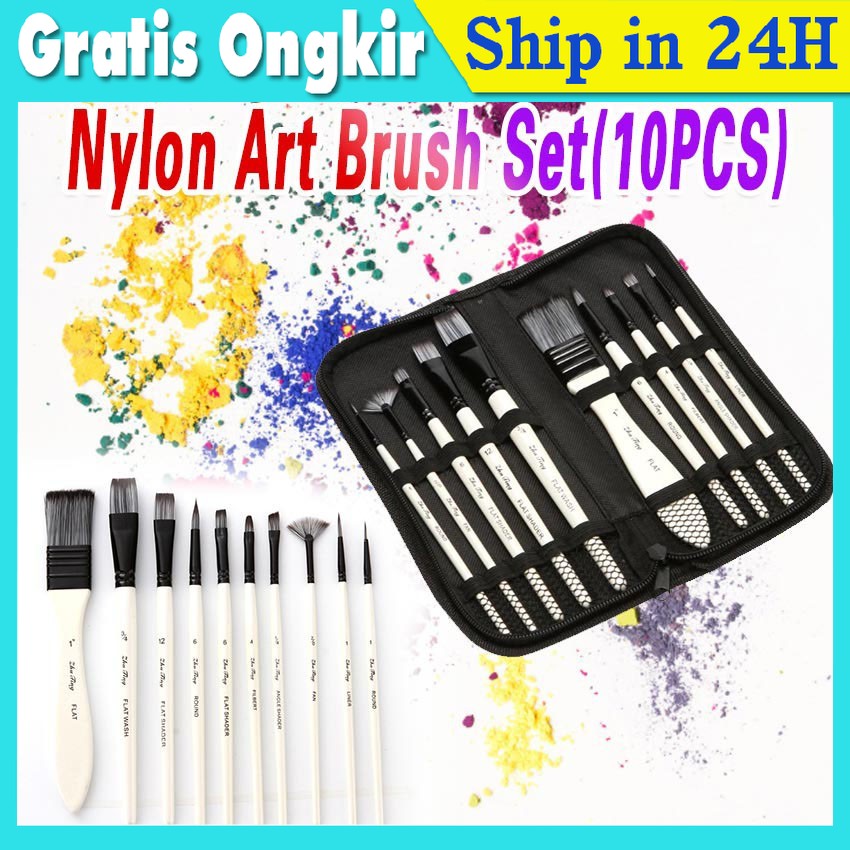 

10pcs Mix Kuas Lukis Set Lengkap Nylon Cat Air Minyak Art Brush Kit Gambar Akrilik Paint Brush