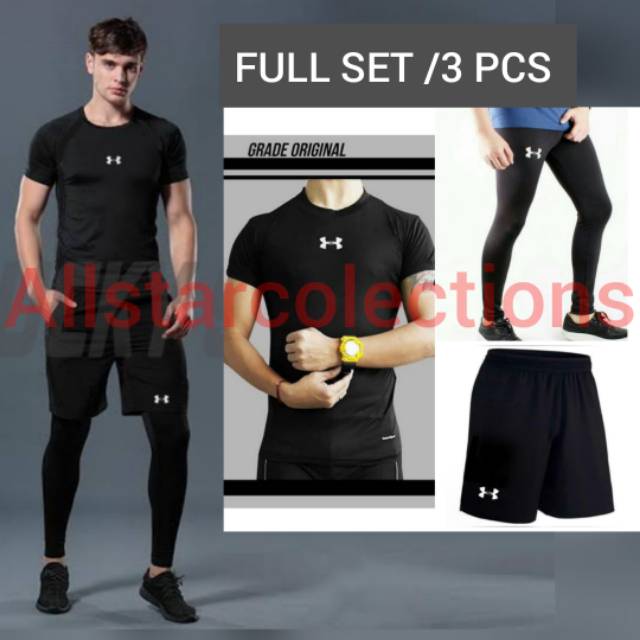 Paket baselayer baju olahraga full set pria lengan pendek / Running olahraga lari