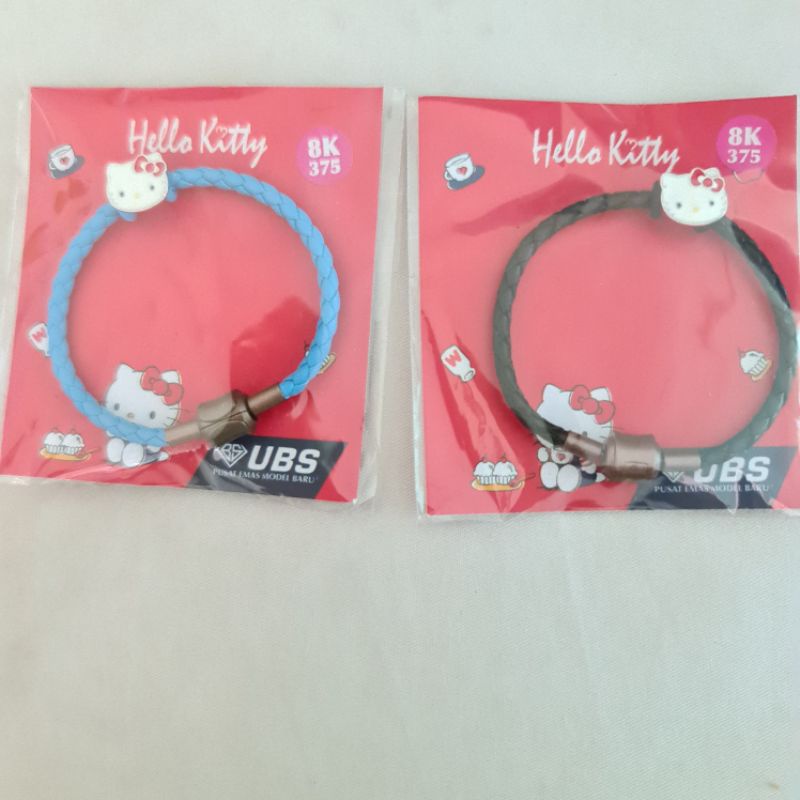 Gelang tali kulit dewasa dan anak charm kepala hello kitty white gold kadar 375 UBS 8K