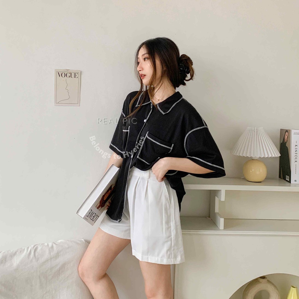 HYERIES Dabin shirt / Kemeja oversize / Pakaian Casual Wanita / Kemeja Polos Wanita / Kemeja jumbo bigsize / Atasan casual wanita / Atasan bumil / Rib blouse / Short sleeves shirt / Kemeja lengan pendek / Basic Shirt / Korea outfit / Knit oversized