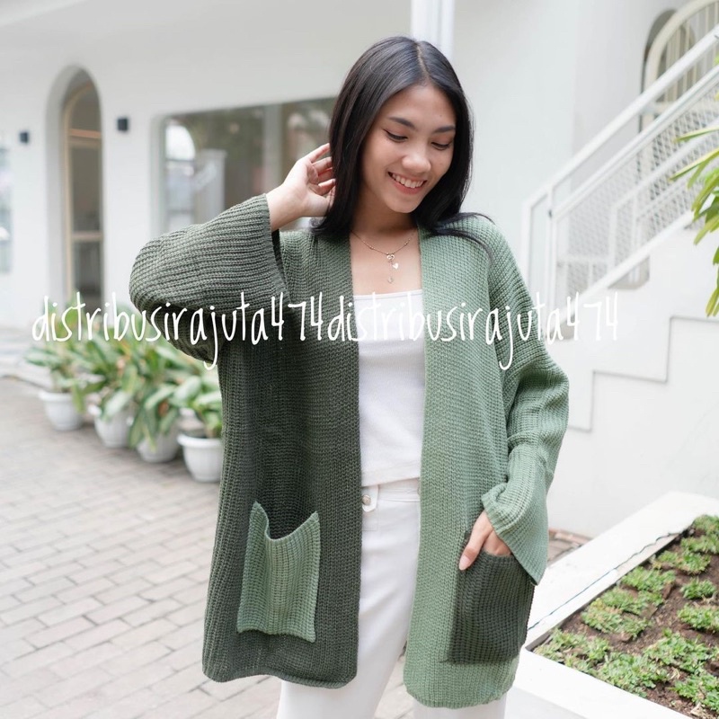 OVERSIZED CARDI OUTHER LOOCY PREMIUM RAJUT TEBAL CARDY OVERSIZE LAVELLA WANITA-mint army twotone