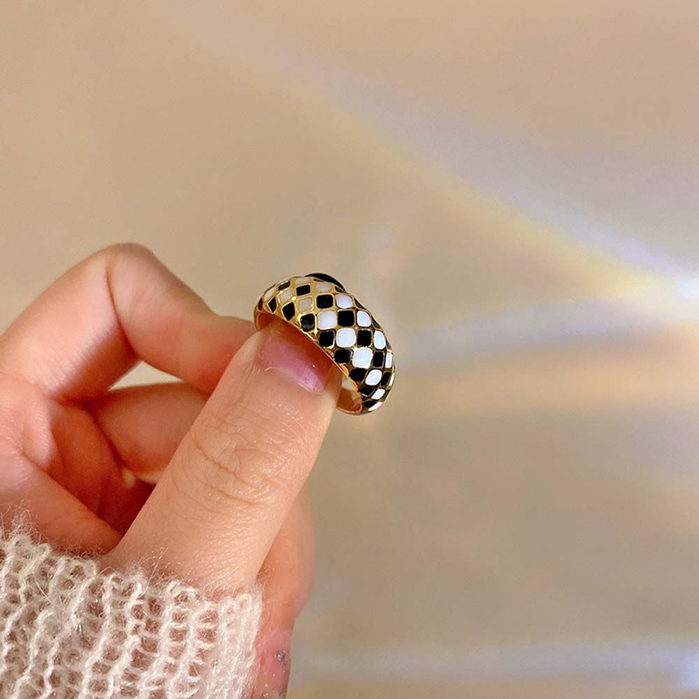 Needway  Women Girls Checkerboard Grid Rings Romantic Open Rings Metal Rings Dripping Oil Gold Color Black White Grid Geometric Adjustable Vintage Korean Style