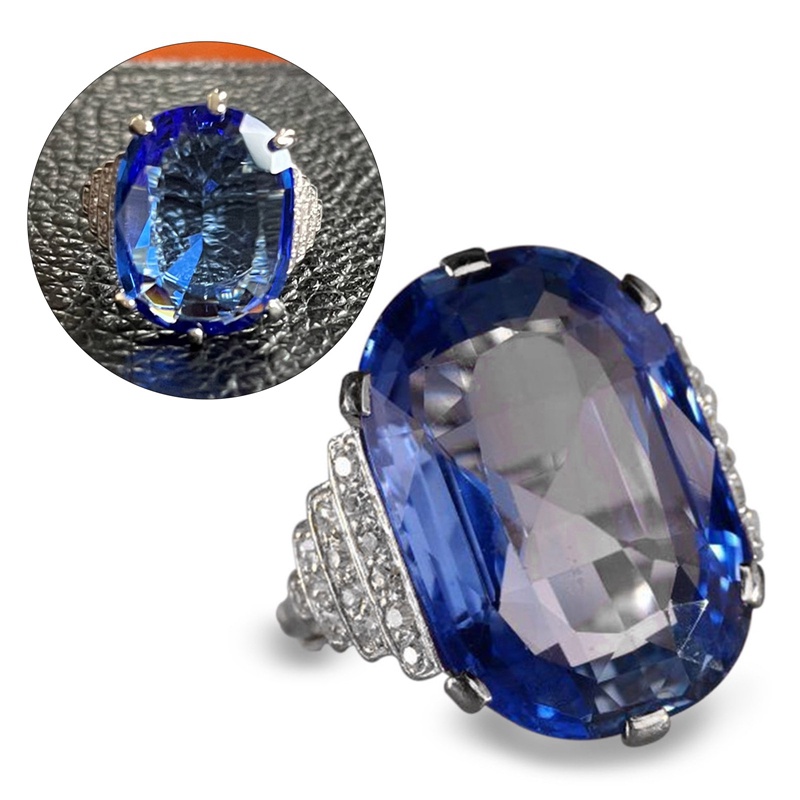 Cincin Wanita Bentuk Oval Hias Cubic Zirconia Biru Gaya Vintage Retro Untuk Pesta Ulang Tahun