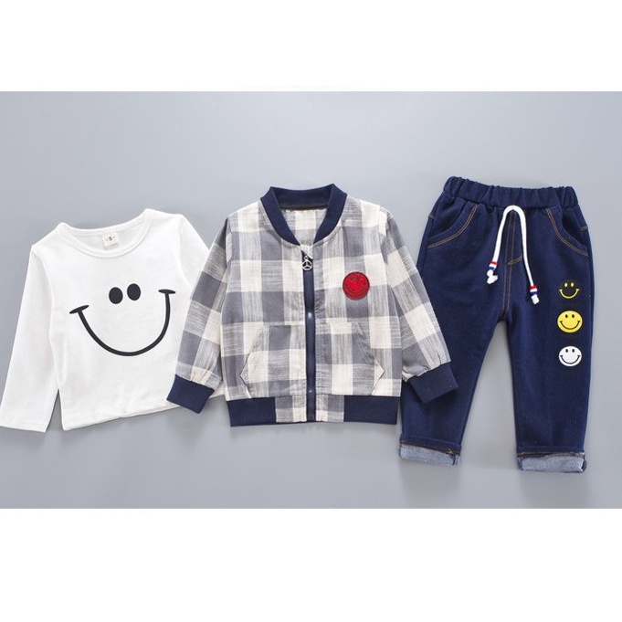 SSL35-Setelan Set 3in1 Anak Laki Laki Kaos+Celana+Jaket SMILE