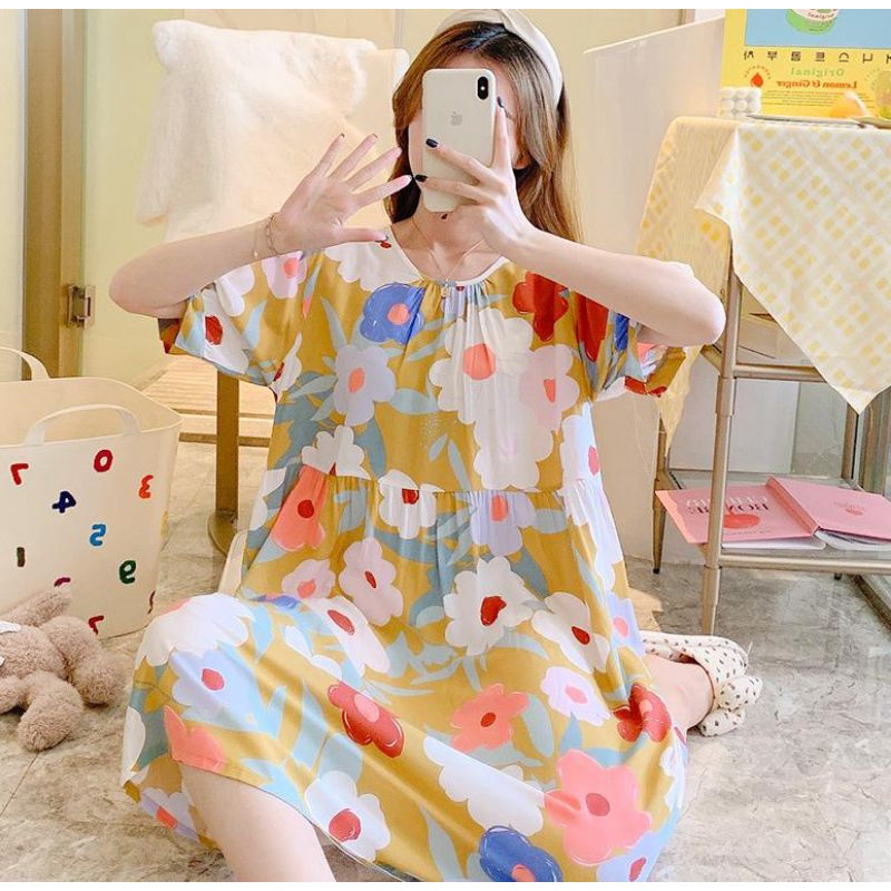 RULIF Daster rayon import lengan pendek oversize / Baju tidur import rayon korea jumbo