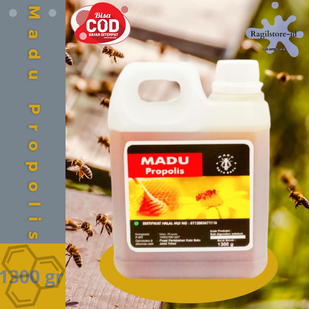 

Madu Asli Propolis 2 in 1 ( madu + propolis ) Madu Kota Batu netto 1300 g kemasan jirigen
