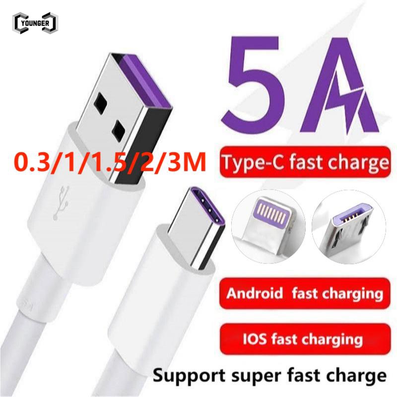 Kabel Fast Charging Tipe C Original 0.3 / 1 / 1.5 / 2 / 3M 5A Untuk Huawei IOS 5A V8 Android 5A