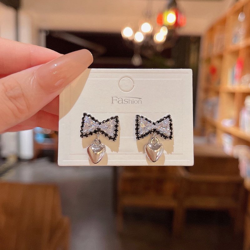 Anting Tusuk Sterling silver 925 Desain Hati Hias Zircon Hitam Untuk Wanita