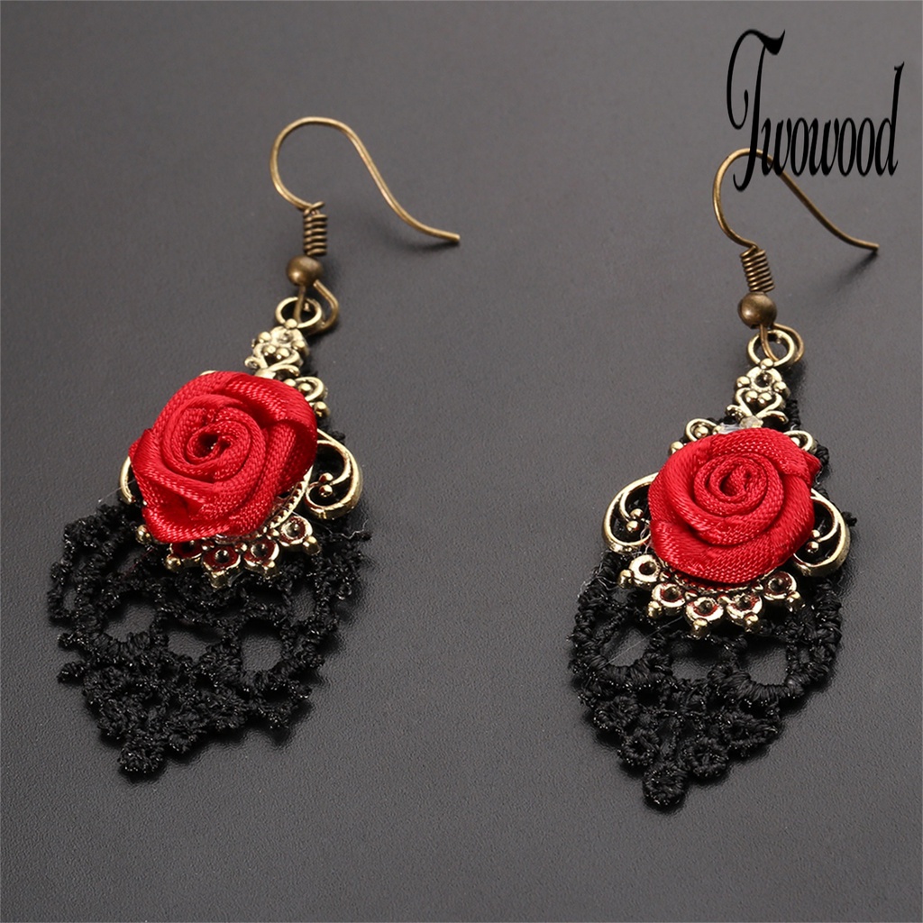 1 Pasang Anting Hook Desain Mawar Merah Model Hollow Untuk Wanita