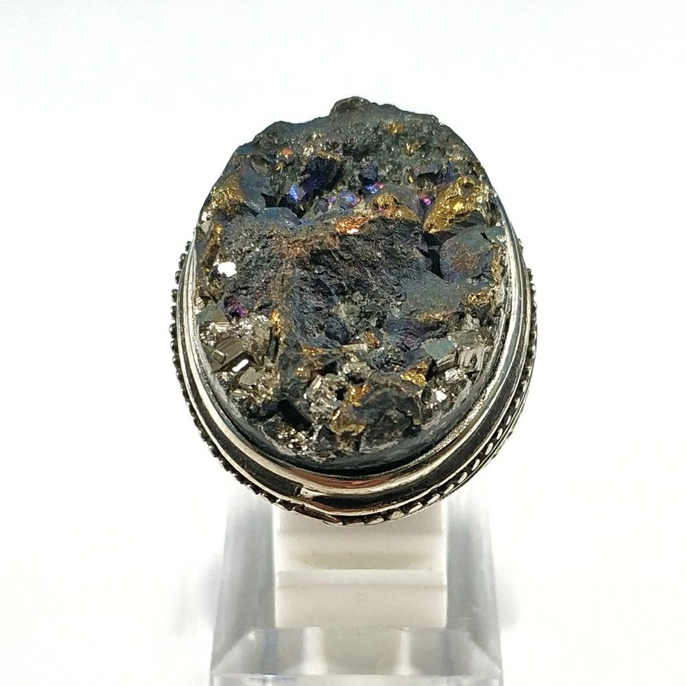 Natural Cincin Batu Akik Rainbow Pyrite Motif Art