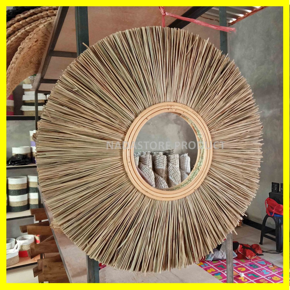 Cermin Dinding Bulat / Bundar Gantung / walldecor / Mirror anyaman mendong / Dekorasi dinding