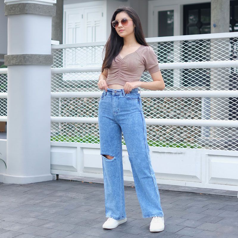 CELANA KULOT JEANS SOBEK LUTUT HIGHWAIST CELANA KULOT JEANS LOOSE KEKINIAN TERBARU CELANA KULOT JEAN