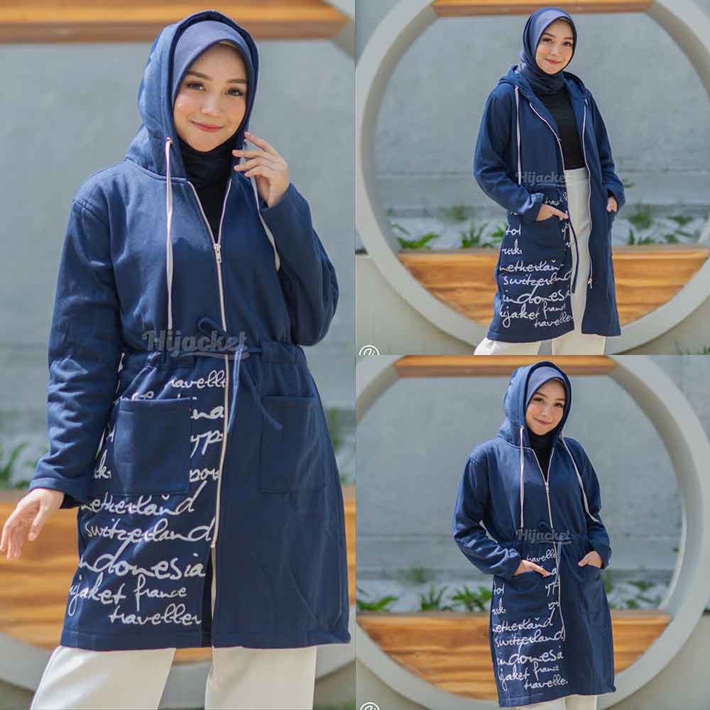 Jaket Jacket Panjang Wanita Cewek Hoodie Muslimah Hijaber Remaja Dewasa Terbaru Kekinian Hijacket UB-Navy
