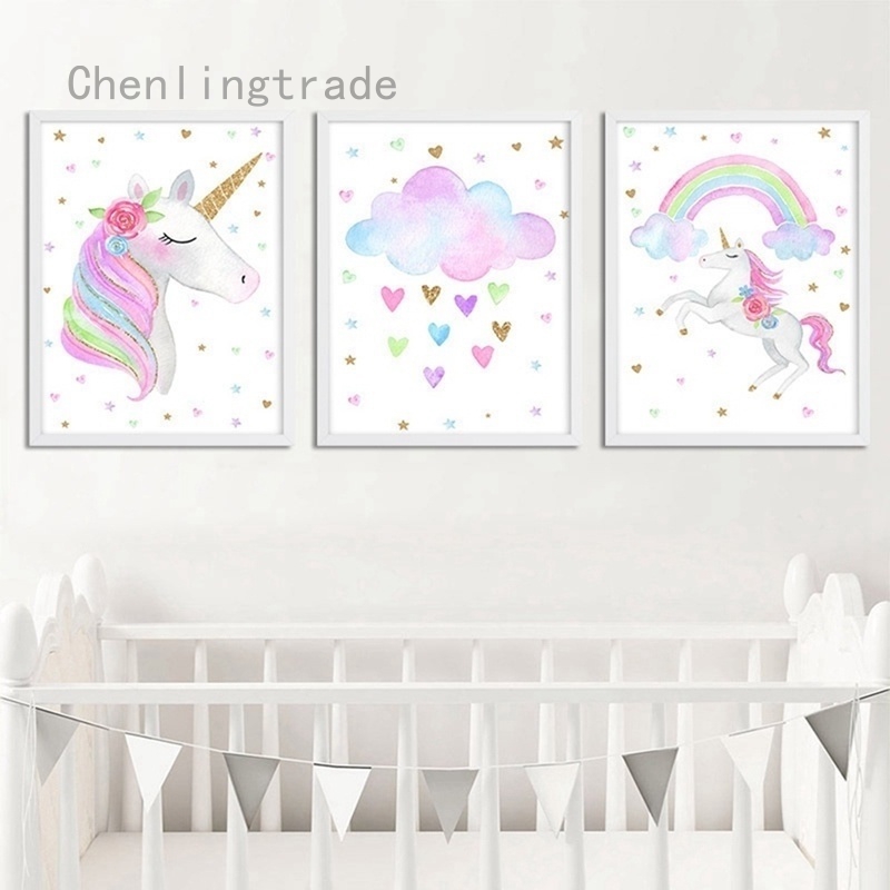 Canvas Painting Wall Posters Rainbow Unicorn Canvas Wall Art Prints For Kids Princess Room Decor Shopee Indonesia