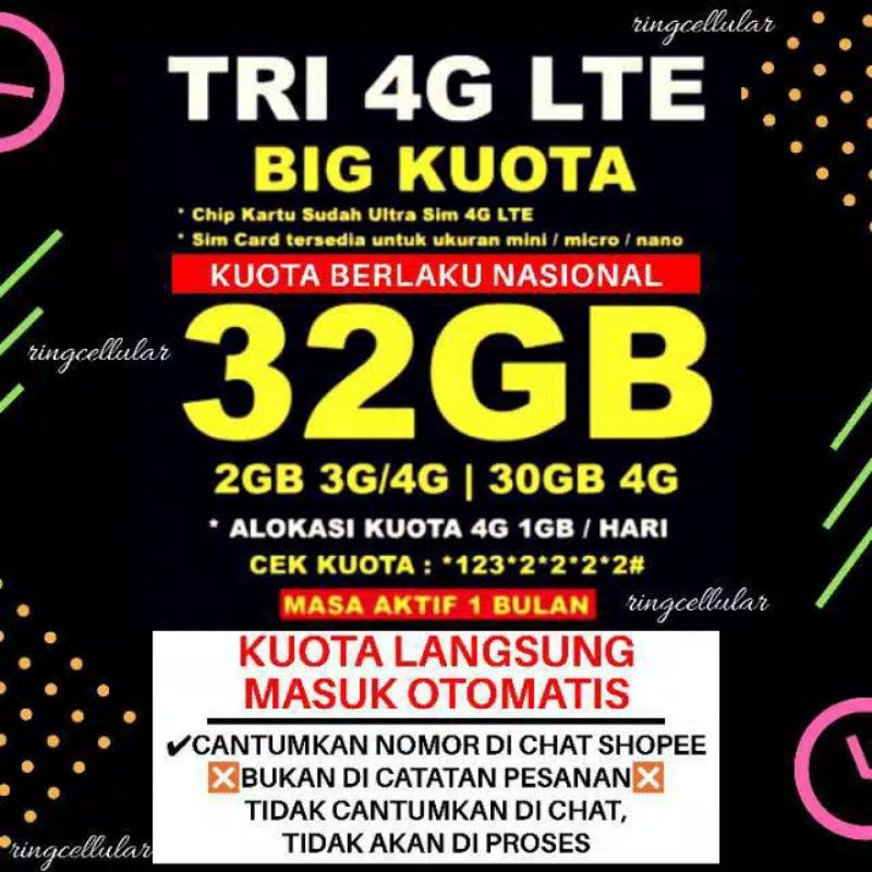 INJECT KUOTA TRI 32GB 30Hari TERMURAH /tri 32gb /KUOTA Data three /tri 66gb