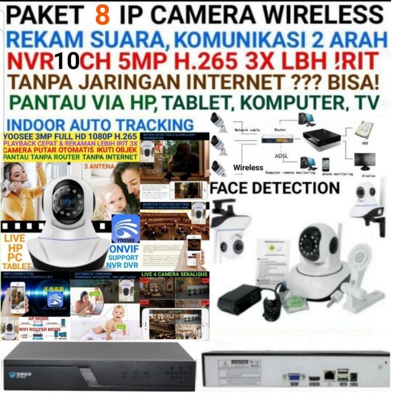 PAKET CCTV 8 Ip Camera Wireless Full HD 1080P DVR NVR XMEYE 10CH 4K 5MP Support H.265