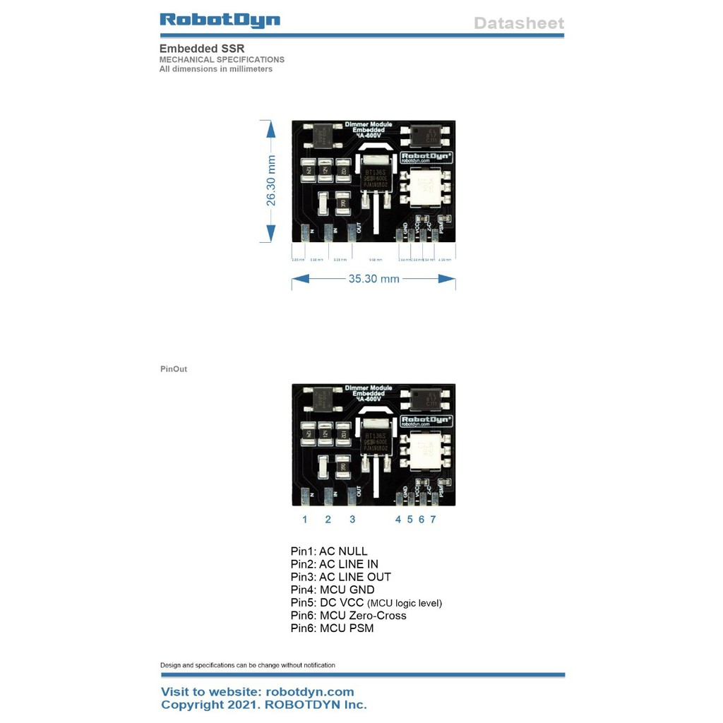 RobotDyn Embedded Dimmer Module, 3.3V/5V logic, 4A, 600V