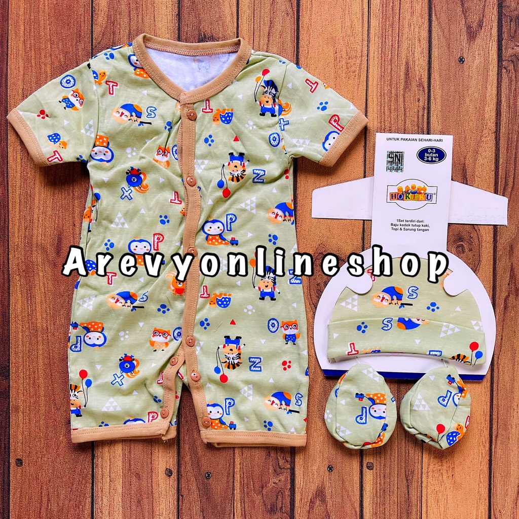 HOKIKU Set 3in1 Romper Baju Bayi Kodok Segiempat Termasuk Sarung Kaki + Topi SNI Lembut