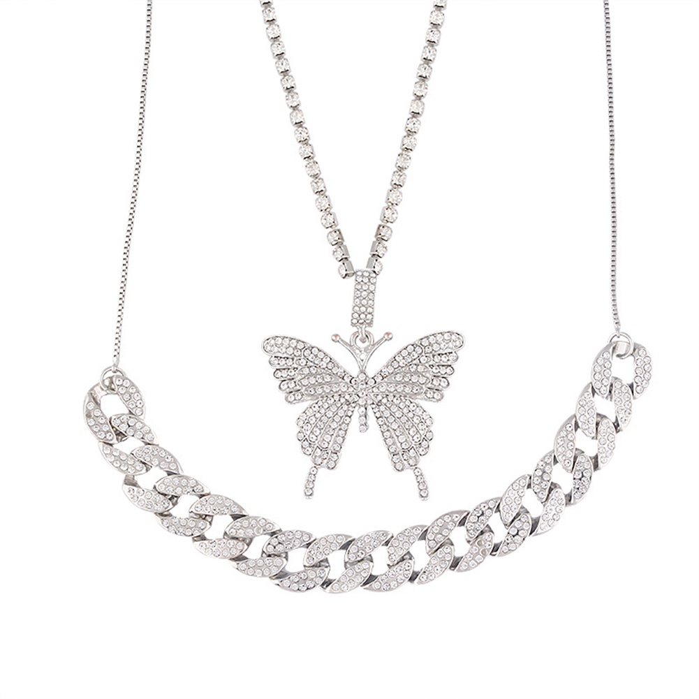 Hu Hu Hu Hu Hu Alat Bantu Pasang Kacamata♡ Kalung Rantai Liontin Kupu-Kupu Berlian Imitasi Dua Lapis Untuk Wanita