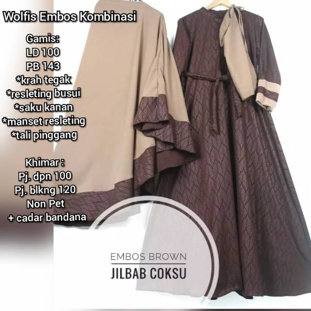 Set gamis wolfis embos kombinasi cadar bandana