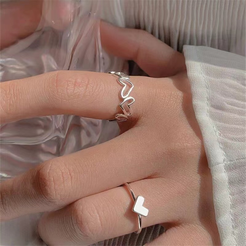 IFYOU 2pcs / Set Cincin Jari Bentuk Hati Warna Silver Gaya Korea Untuk Wanita