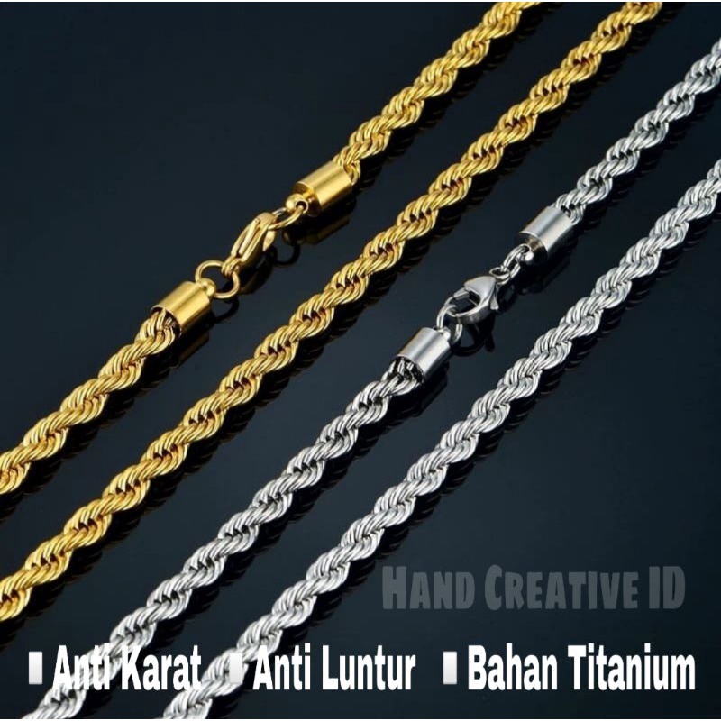 Kalung Titanium Pria Wanita Anti Karat Tali Tambang Lilit Dadung Gold Silver