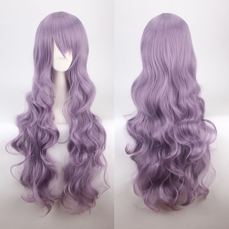 K027 wig base wavy 80 cm curly wanita cosplay rambut palsu daily lolita gelombang hitam putih abu