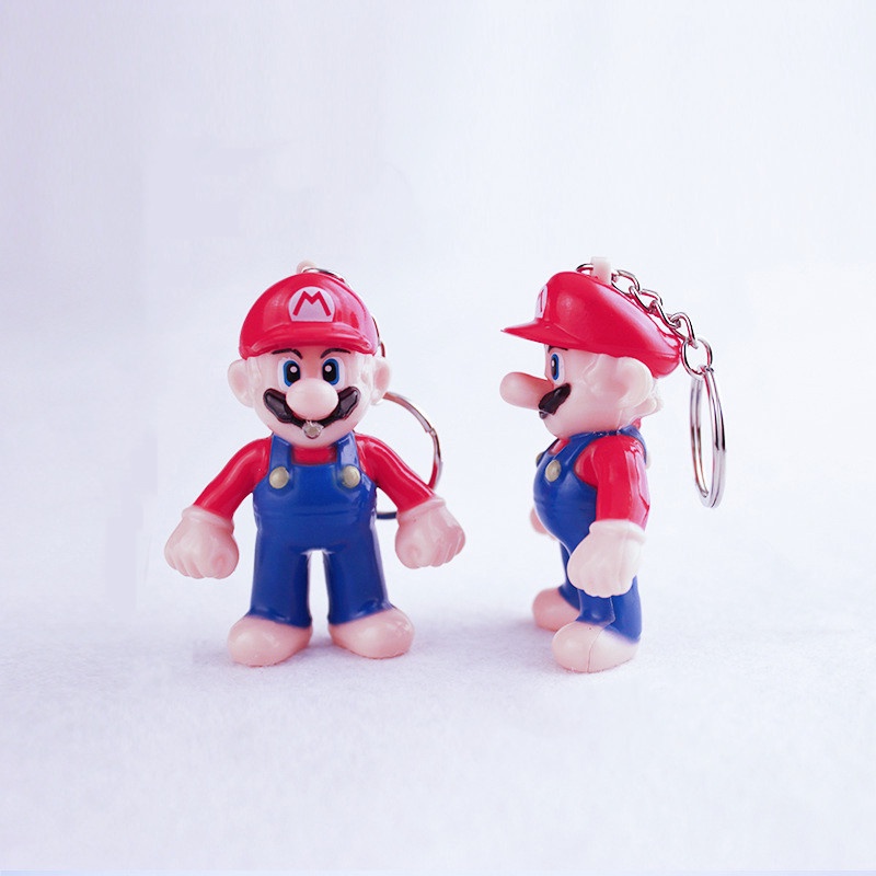 Baru Super Mario Action Figure LED Menyala Suara PVC Bros Mario Gantungan Kunci Koleksi Model Mainan Hadiah Ulang Tahun